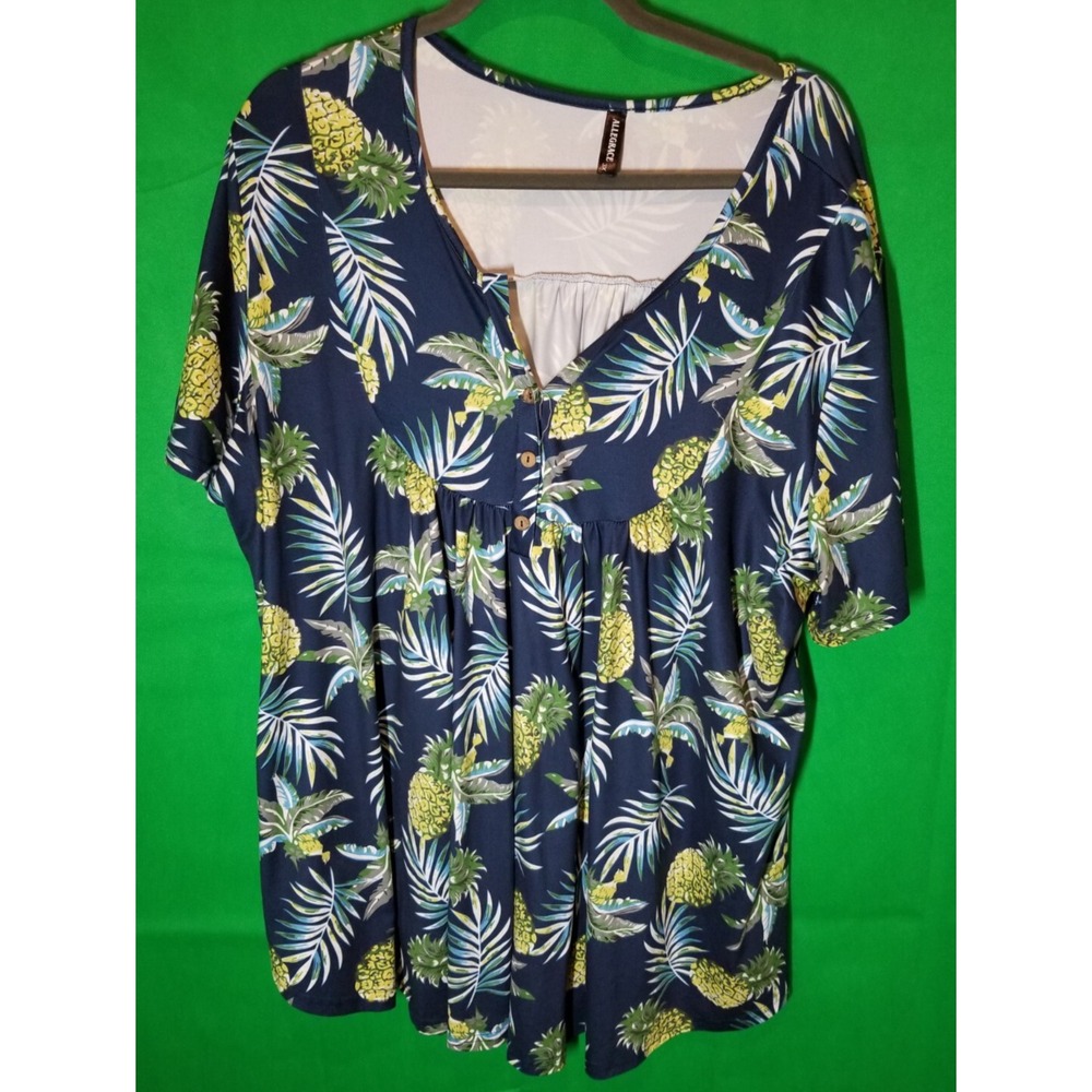 Allegrace Womens 3X Babydoll Blouse Blue Hawaiian Pineapple Print Tropical Aloha